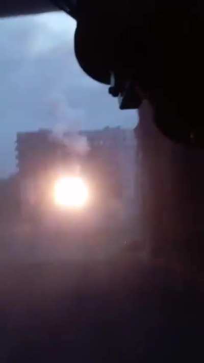 Ukrainian soldiers fire on a house with Russians forces using a thermobaric infantry grenade launcher. Toretsk, Donetsk region.