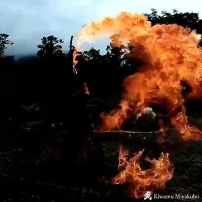 Flaming katana: +85 Physical Damage, +50 Fire Damage, 60% Burn Chance, +100 Coolness