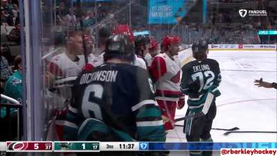 Sam Dickinson trips Gostisbehere and Nikishin takes offense by dumping him into the boards.