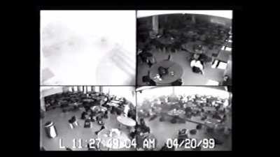 CCTV video of two pipe bombs thrown by Dylan Klebold down the cafeteria stairs detonating