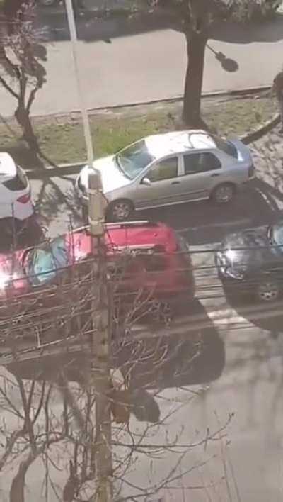 A man with a long iron rod attacking cars