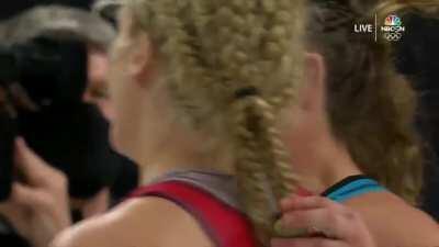 After their match, Helen Maroulis embraced and gave support to her opponent Jenna Burkert who lost her mother last week