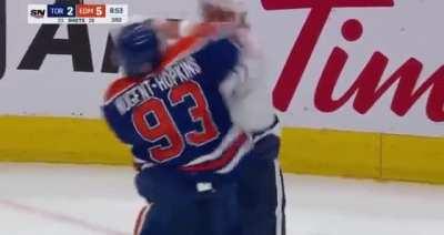 Nugent-Hopkins fights Justin Holl after Holl’s hit on Yamamoto