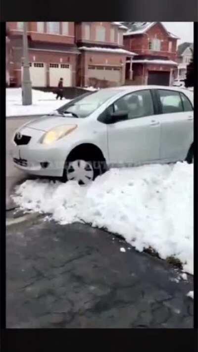 Guy attempts to steal package but gets caught. When he drives away his car gets stuck in snow