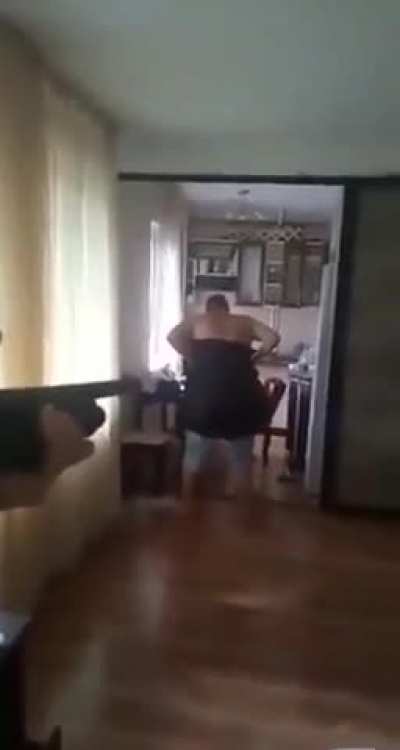 Idiot Russian testing his shotgun on his friend