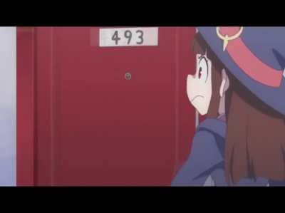 Akko opens the Jojo's fan's door