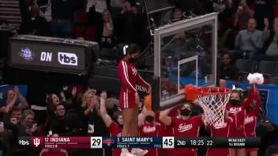 A university cheerleader grabs a stuck ball and gets a standing ovation