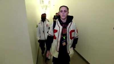 Megan Anderson looks like she saw a ghost, arriving to the Apex.
