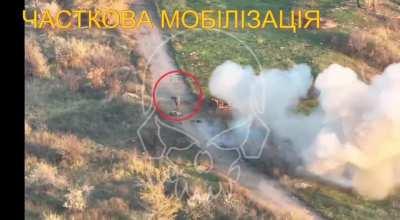 drone footage showing russian position/soldiers being hit by Ukrainian Artillery. [Music from source/Unknown location]