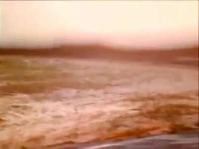 1980 October 28. Demonstration flight of the XFC-130H. (Lockheed C-130 Hercules modified with 30 rockets installed in multiple sets to allow it to land and take off from within a soccer stadium as part of Operation Credible Sport)