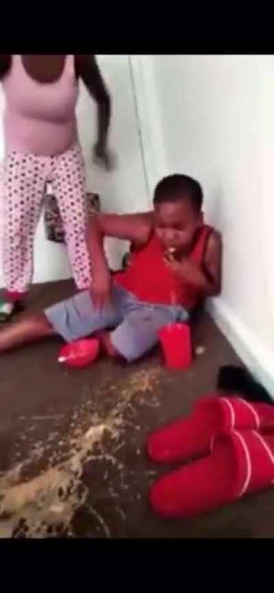Beating for eating too much and projectile vomiting