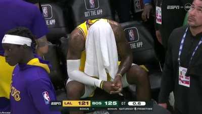 [Highlight] Lebron James on the sidelines, towel over his head, dejected after a hard fought loss to the Celtics in Overtime