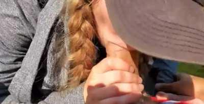 Slut sucks huge cock on the lake