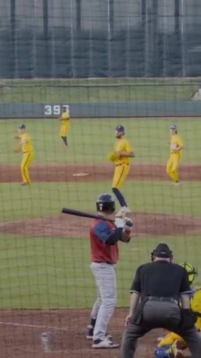 Baseball players country dance before a pitch