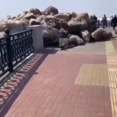 large block of moving ice easily breaks metal guard.