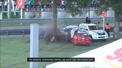 car crash - no safety belt - helmet not secured either