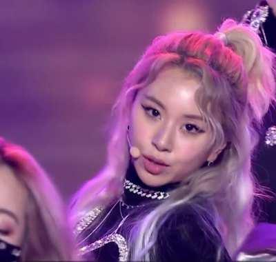 Chaeyoung - blonde ponytail, black top, close up
