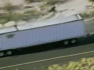 Happened in Buckeye County, Arizona. Fleeing suspect hits semi at 150+ MPH without seatbelt, somehow survives with very minor injuries (6-3-1997)