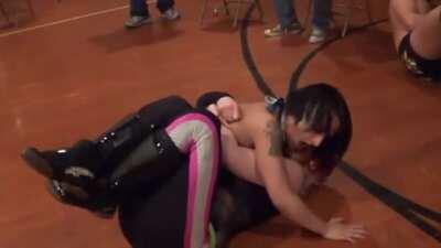 Heidi Lovelace receives a vicious kick to the crotch from Reed Bentley