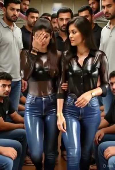 Girls are twins sister and they are in fully wet soaked clothes due to sweat because they are surrounded by the mens