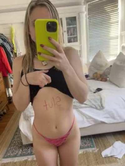 Locked collar, slut written on my tummy, showing you my best angle