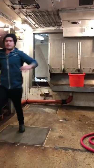 Jumping on a ship as it hits a wave