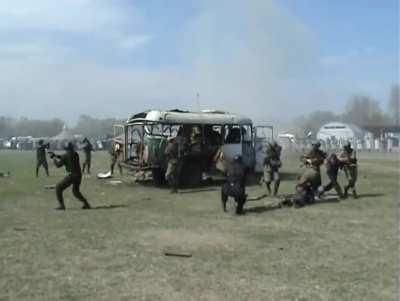 Russian Spetsnaz troops training for a hostage rescue scenario