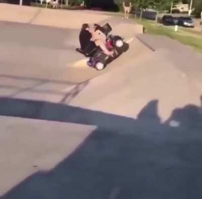 HMFT after I ride a mobility scooter up this sick quarter pipe