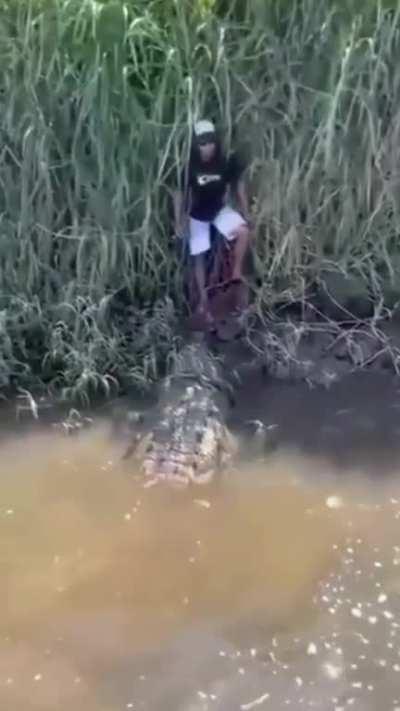Caiman has a kid cornered and at its complete mercy. Extremely lucky the boat turned up. I would have shat my entire intestinal system out!