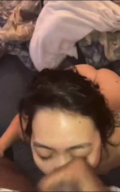 Asian sucks BBC nuts until he cums on her face