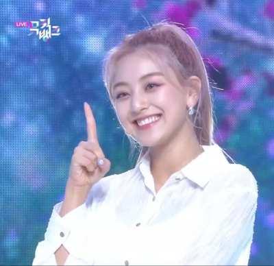 Jihyo - pink hair, ponytail, white shirt, cheek poke, 200612