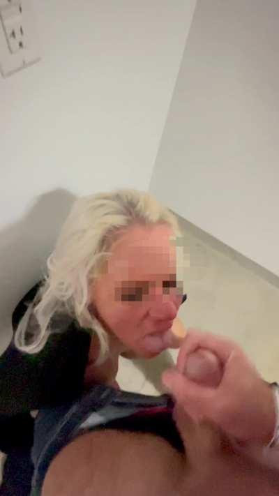 Hotwife gets a facial in the vending machine area at a hotel