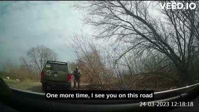 In the frontline zone on March 24, 2023, a woman and her child were subjected to severe harrasment by a soldier for overtaking their convoy.