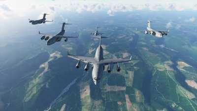 Six C-17s in formation around Mt. Rainier (FSX Conversion)
