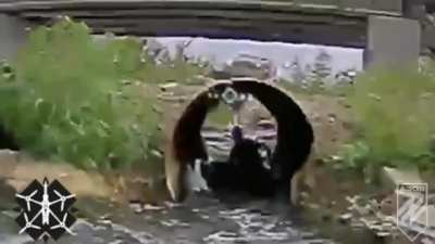 Ukrainian drone strikes Russian  soldier bathing in a pipe