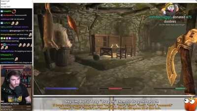 If streamer says the name of a particular enemy in Skyrim, or says a word containing letters that spell that enemy, 10 of it spawn