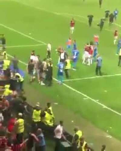 Fan throws a bottle at a football player