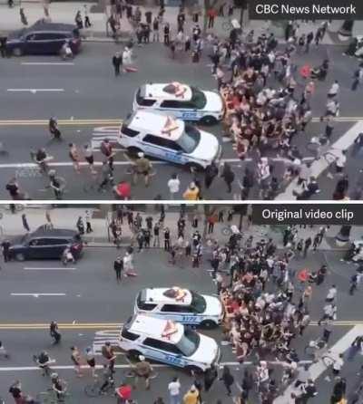 CBC censored video on twitter showing police SUVs ramming protestors. CBC later apologized for releasing 