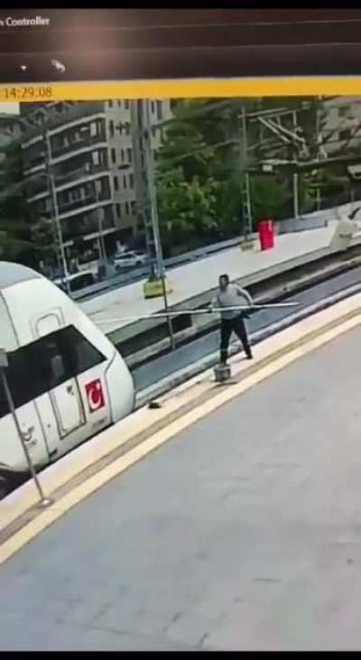 A train cleaning service got shocked while cleaning the front part of a train, resulted in serious injury