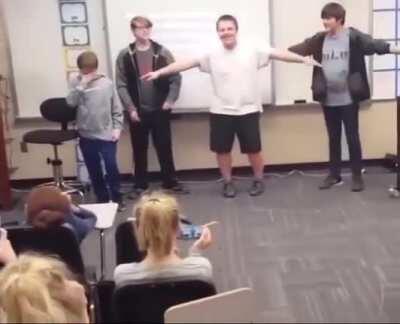 School presentation. T-Posing + singing All Star by Smash Mouth