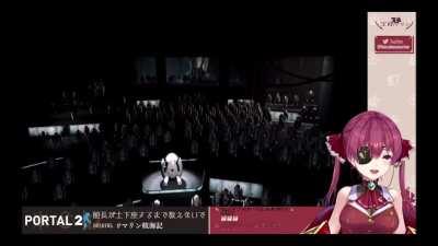 Senchou's cute reaction to the turret song at the end of Portal 2.