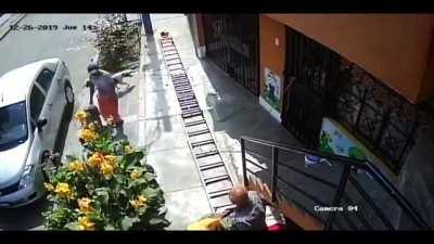 Old guy fights a ladder