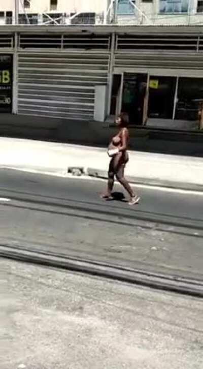Pregnant naked crackhead gets into a argument in madureira, rio de janeiro. As people stand by and laugh