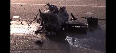 Ford Fiesta sedan destroyed after running a red light and colliding with a pickup truck