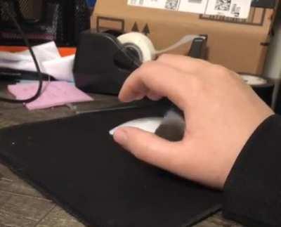 Smol birb poses as computer mouse to steal snugs during work hours. The imposter is armed and dangerous. If encountered, give scritches immediately.