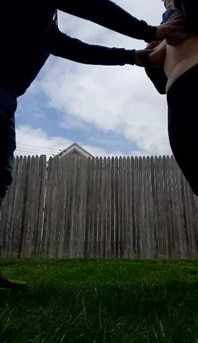 Snuck outside to let my lawn guy play with my tits....it made me so horny...