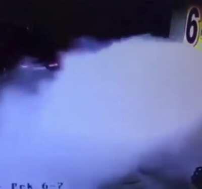 Driving away from a fuel pump, destroying the entire gas station.