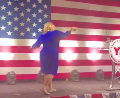 Fake Christian white lady does fertility dance for Young Republicans. Dance fails to work because she was over 13 years old.