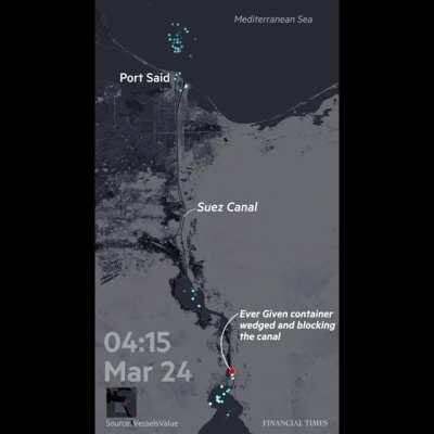 [OC] Updated mobile-friendly animation showing how the grounded container ship brought the Suez Canal to a standstill
