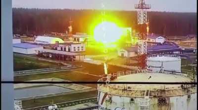 A Russian civilian films the impact of a Ukrainian UAV at the Transneft NPS 